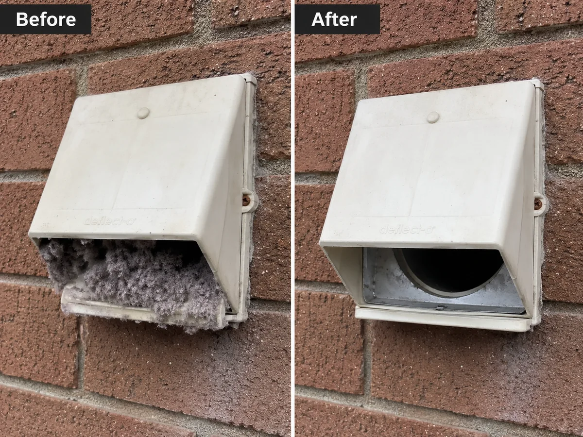 Exterior brick-wall dryer vent hood packed with lint, then cleared
